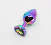 Love In Leather Metal Butt Plug With Heart Gem - Pride Rainbow Small Silver Chrome - Butt Plugs